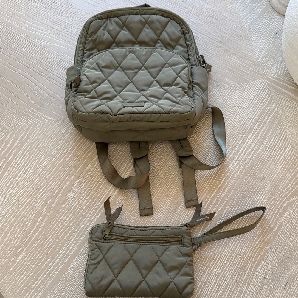 Vera Bradley Olive Quilted Backpack and Wristlet Set